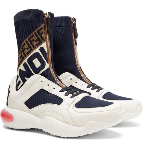 fendi logo-jacquard stretch knit-panelled leather high-top sneakers wearing